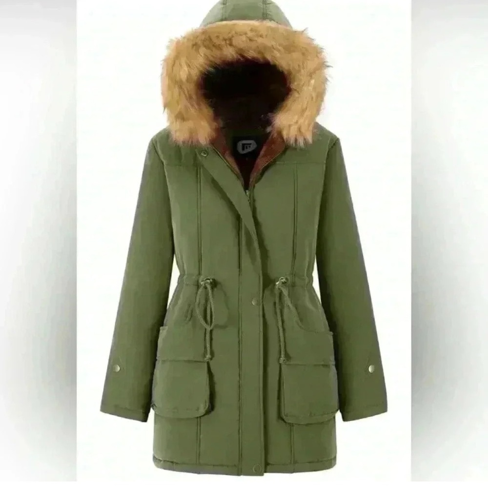 Women's Winter Olive Green Coat Hooded Warm Jacket with Fur Trim Size Medium